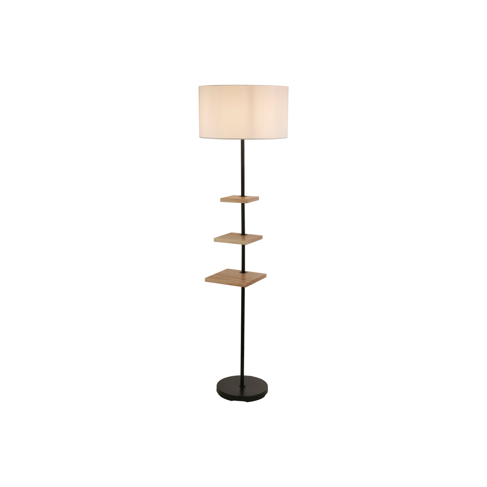 Gulvlampe Norfolk med hyller stål tekstilskjerm E27 bakside