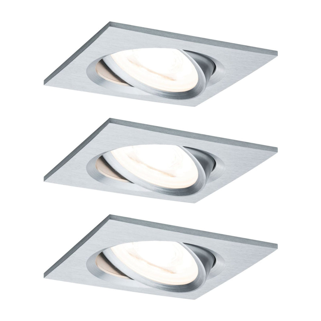 Innbyggingsspot Nova firkantet svingbar dimbar aluminium 3-pk GU10 forfra
