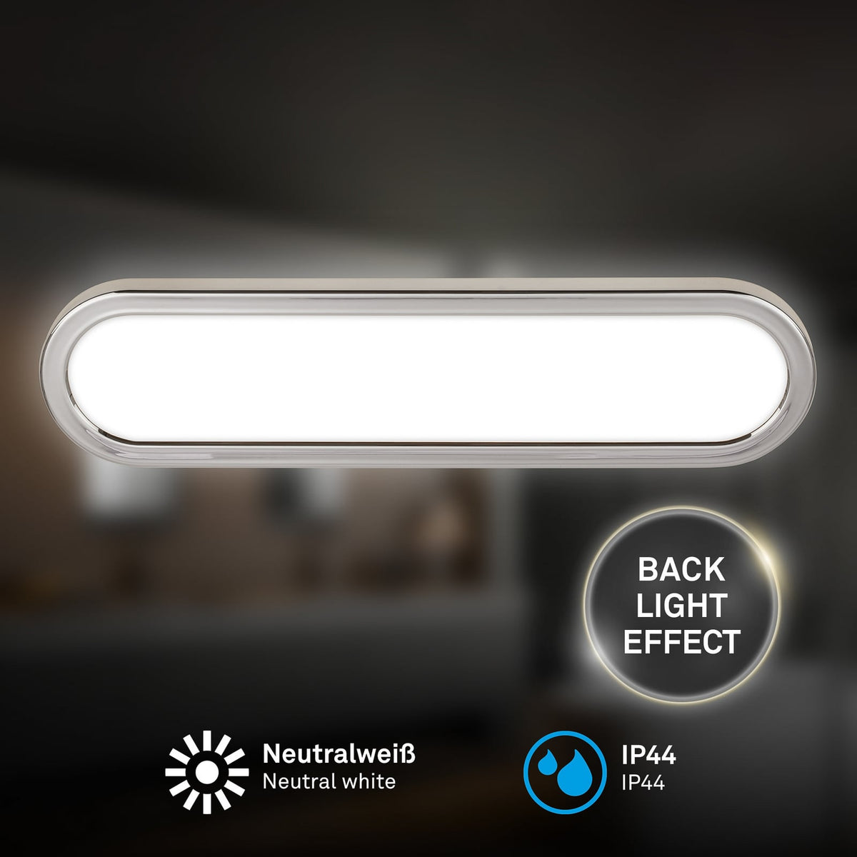 Sideprofil av LED baderomsvegglampe Pil krom med lav dybde