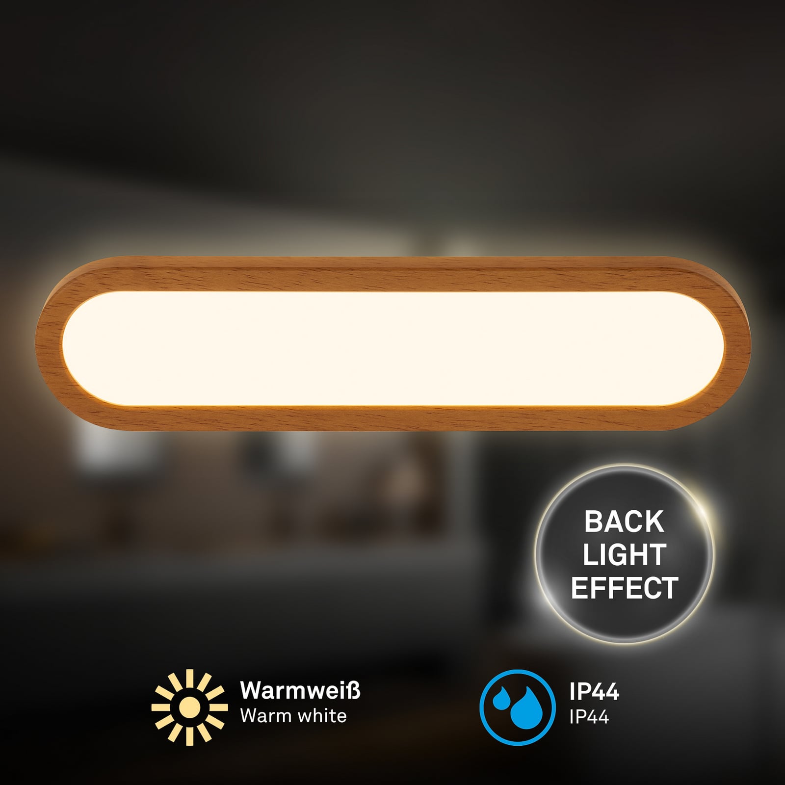 LED baderomsvegglampe Pil trefarget nærbilde av lys