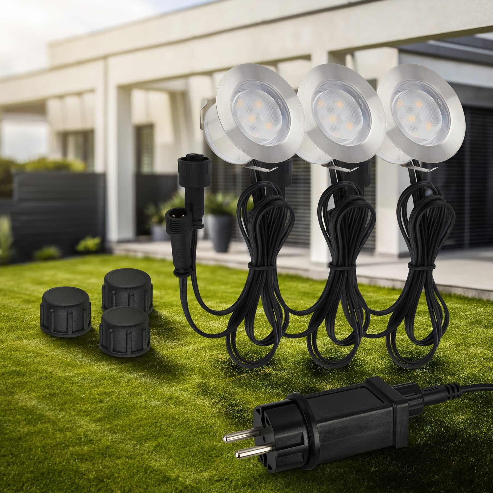 LED bakkespot 3-pk starterset rustfritt stål Ø4,5 cm IP67 12V detalj