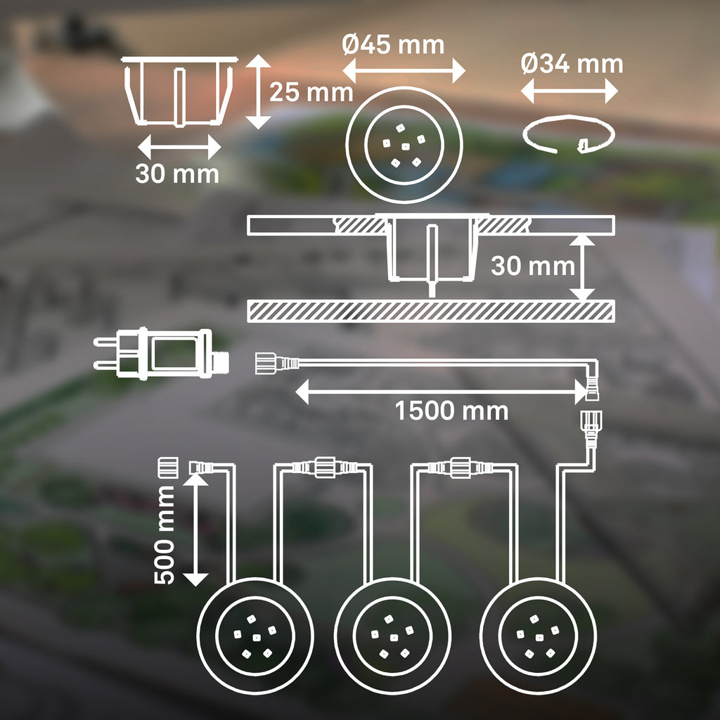 LED bakkespot 3-pk starterset rustfritt stål Ø4,5 cm IP67 12V med tilkoblingskabel