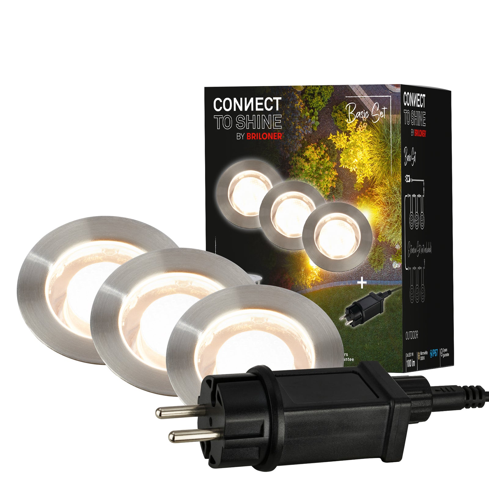 LED bakkespot 3-pk starterset rustfritt stål Ø4,5 cm IP67 12V nettadapter