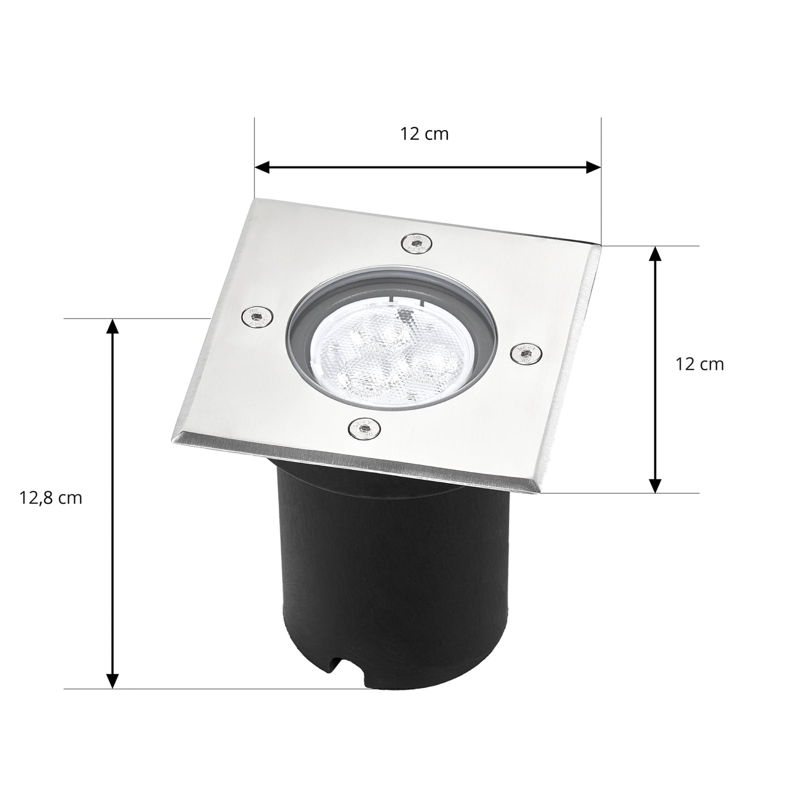 Nærbilde av LED bakkespot Ava rustfritt stål 12x12 cm IP67