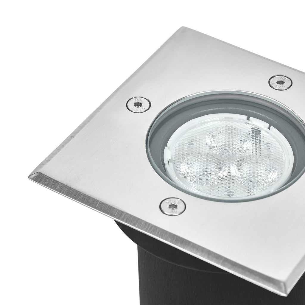 LED bakkespot Ava rustfritt stål 12x12 cm IP67 med innfellingsboks