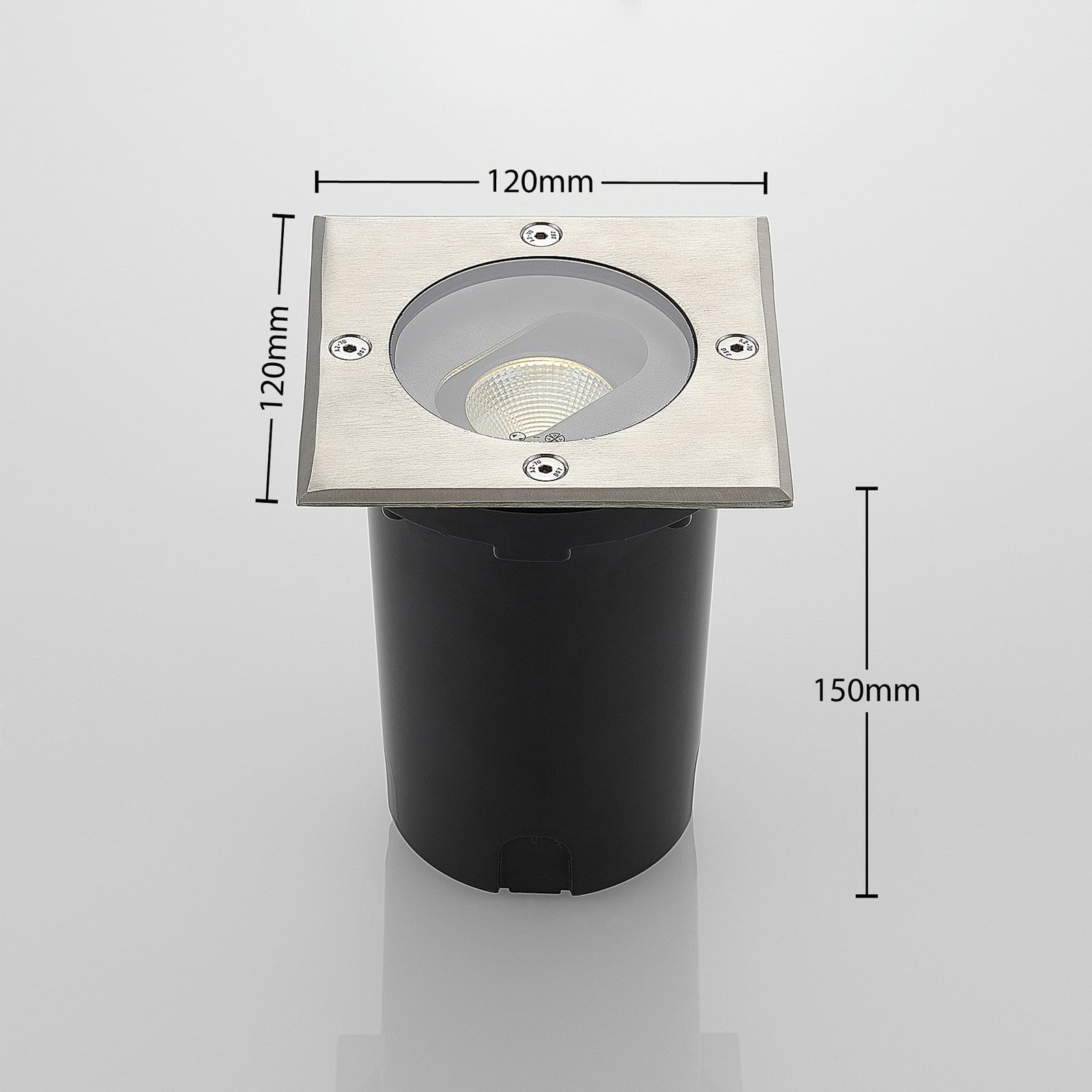 Nærbilde av LED bakkespot Doris firkantet rustfritt stål 12 cm IP67