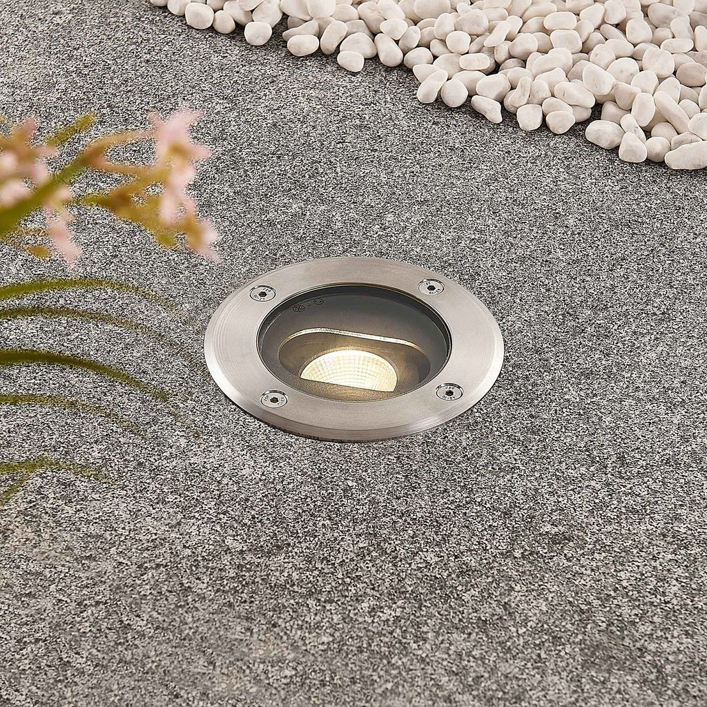 Bakside av LED bakkespot Doris rund rustfritt stål Ø12 cm