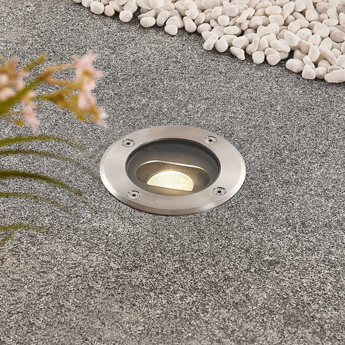 Bakside av LED bakkespot Doris rund rustfritt stål Ø12 cm