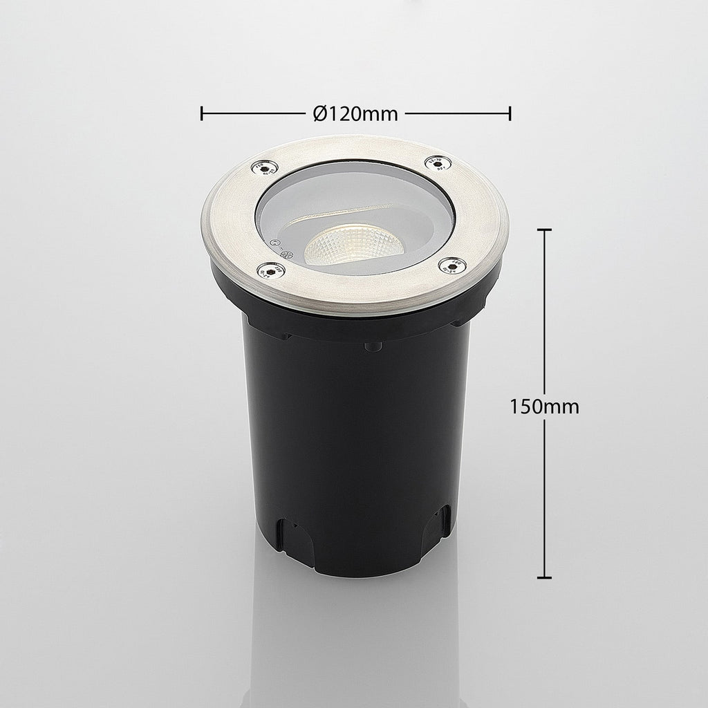 Nærbilde av LED bakkespot Doris rund rustfritt stål Ø12 cm
