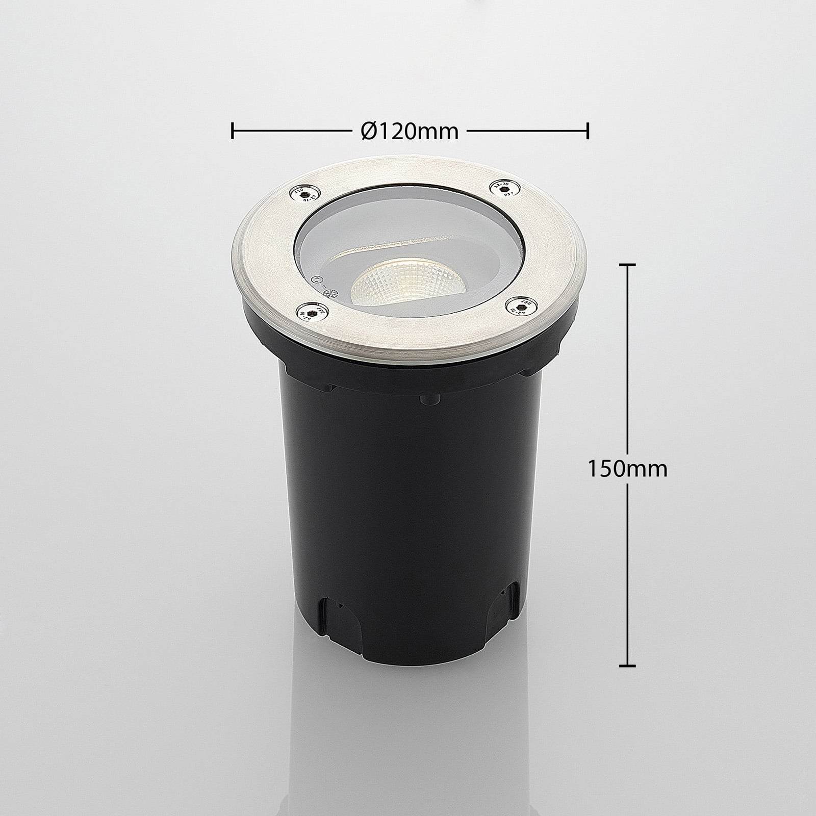 Nærbilde av LED bakkespot Doris rund rustfritt stål Ø12 cm