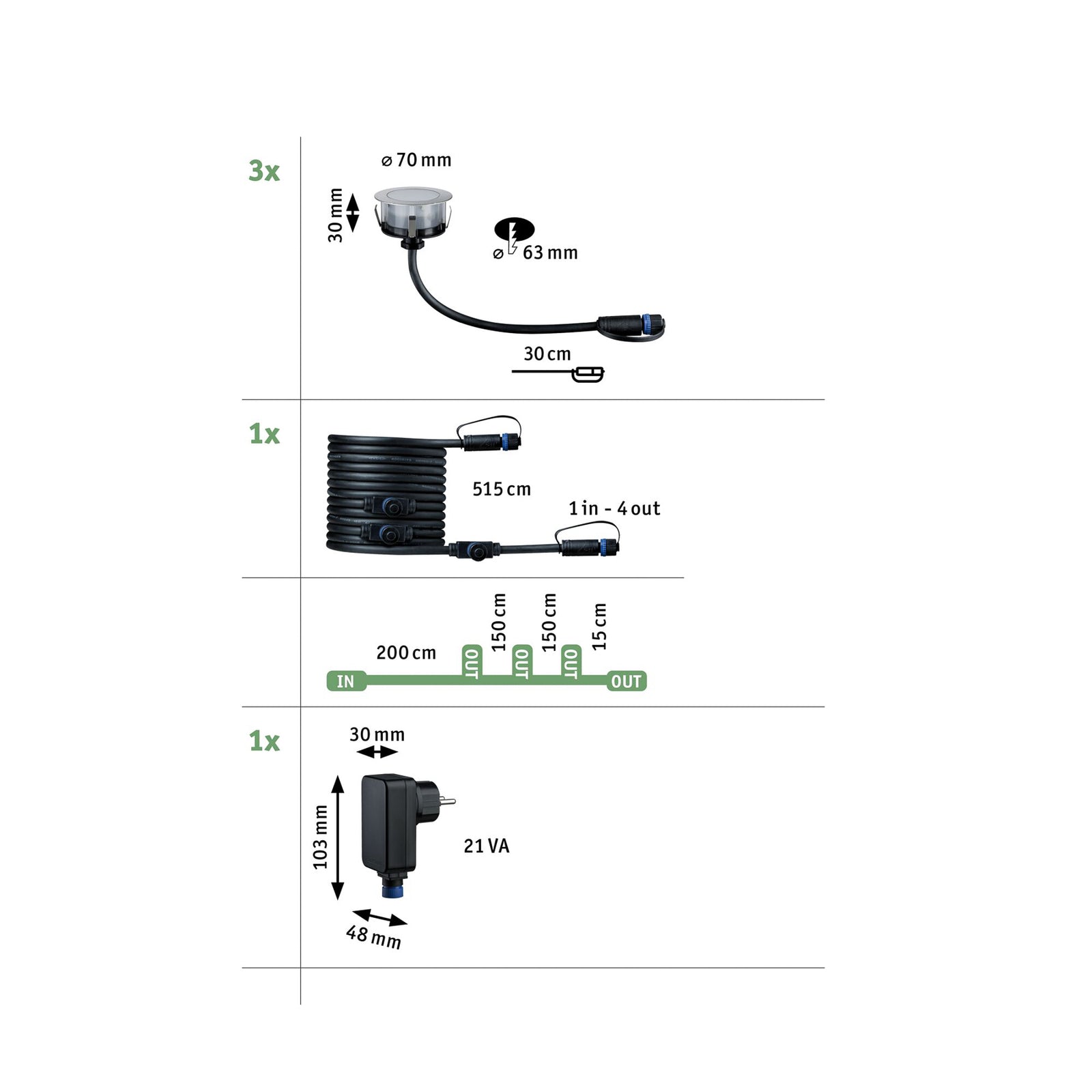 LED bakkespot Plug & Shine 3-pack dimbar Ø7 cm IP67 Paulmann nærbilde av lys