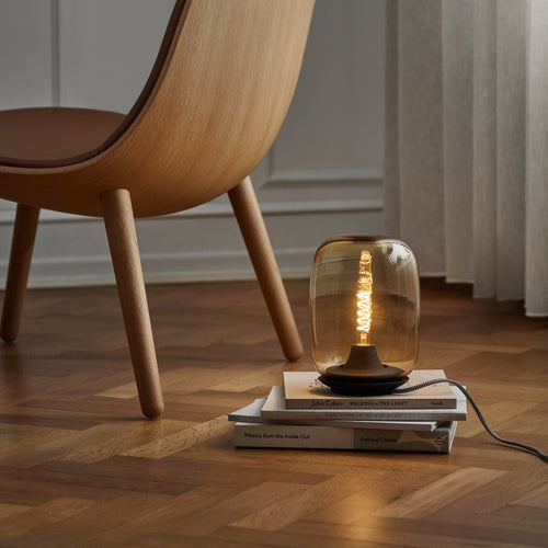 LED bordlampe Acorn dimbar mundblåst glass amber bakside