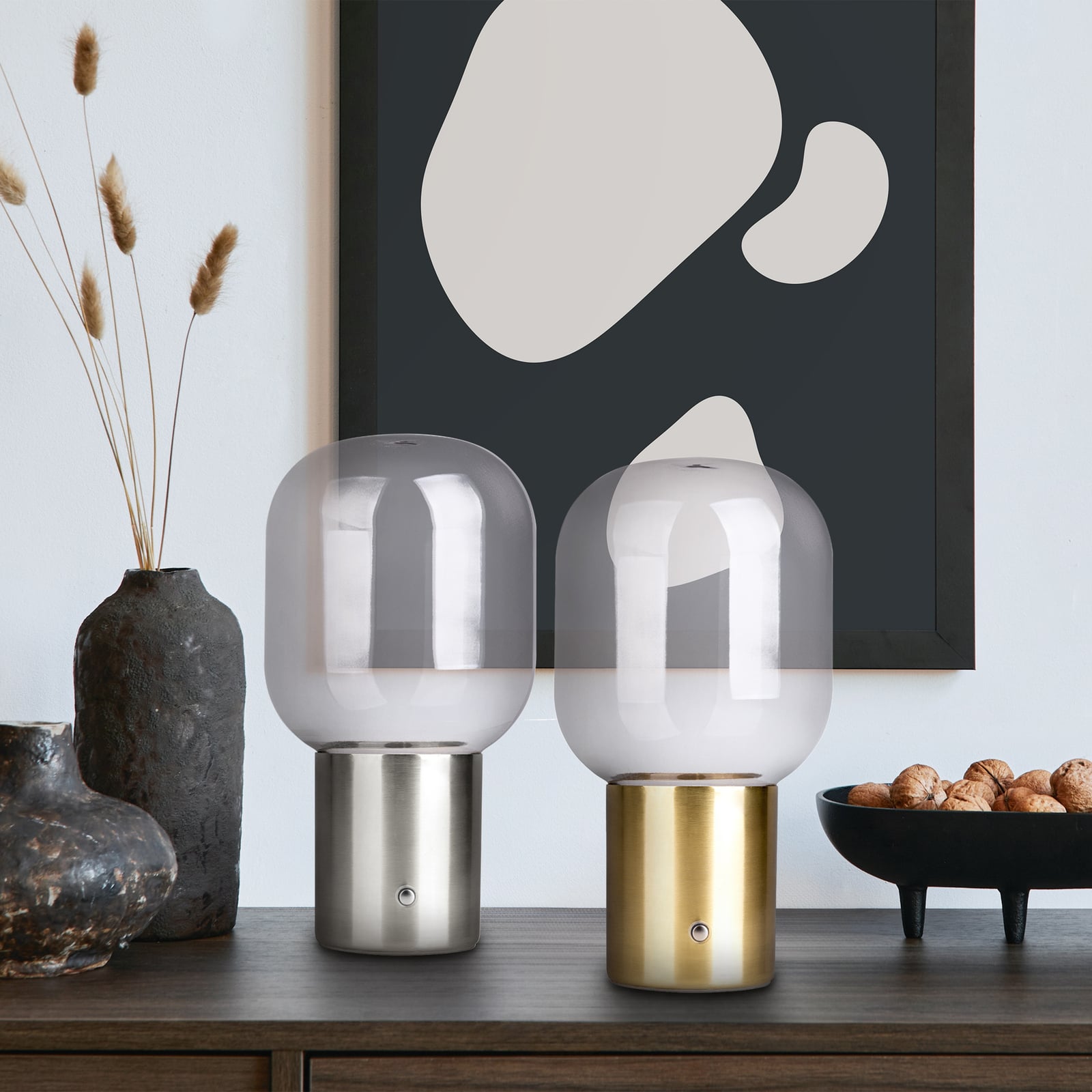Nærbilde av LED bordlampe Albero oppladbar glass dimbar gull Ø13 cm