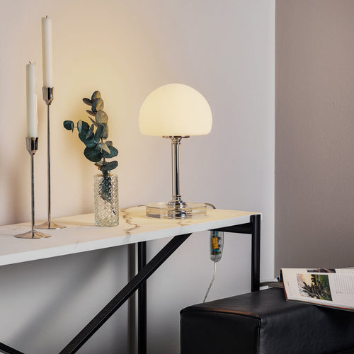 LED bordlampe Ancilla dimbar krom glass hvit bakside