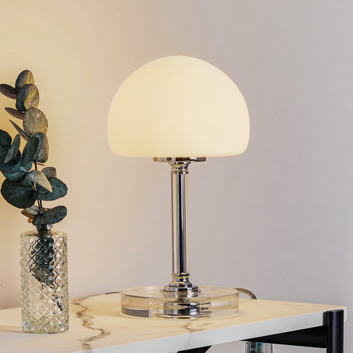 LED bordlampe Ancilla dimbar krom glass hvit forfra