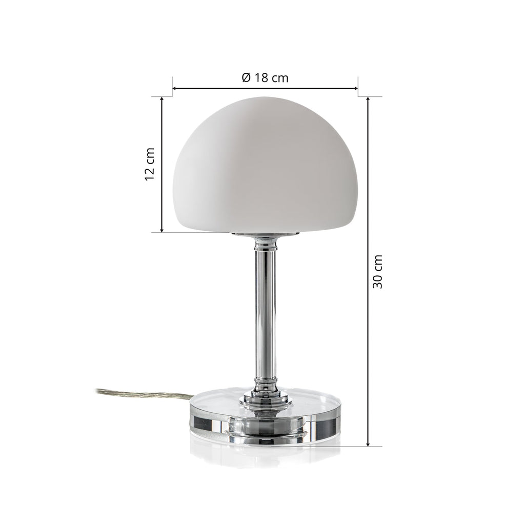 LED bordlampe Ancilla dimbar krom glass hvit med lys på