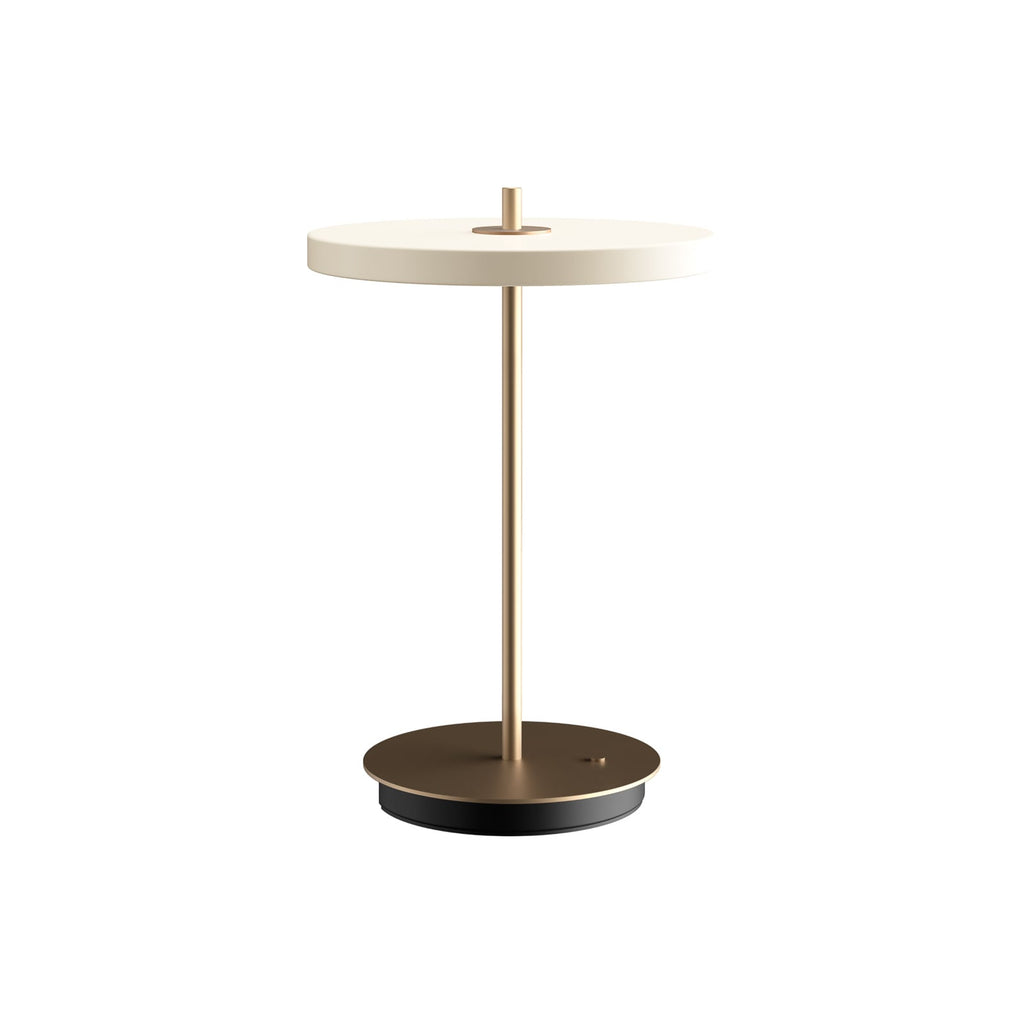 LED bordlampe Asteria Move perlhvit/messing detalj av skjerm