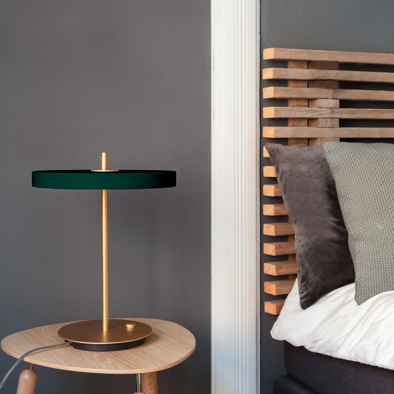 LED bordlampe Asteria Table dimbar USB skoggrønn messing nærbilde av USB-port