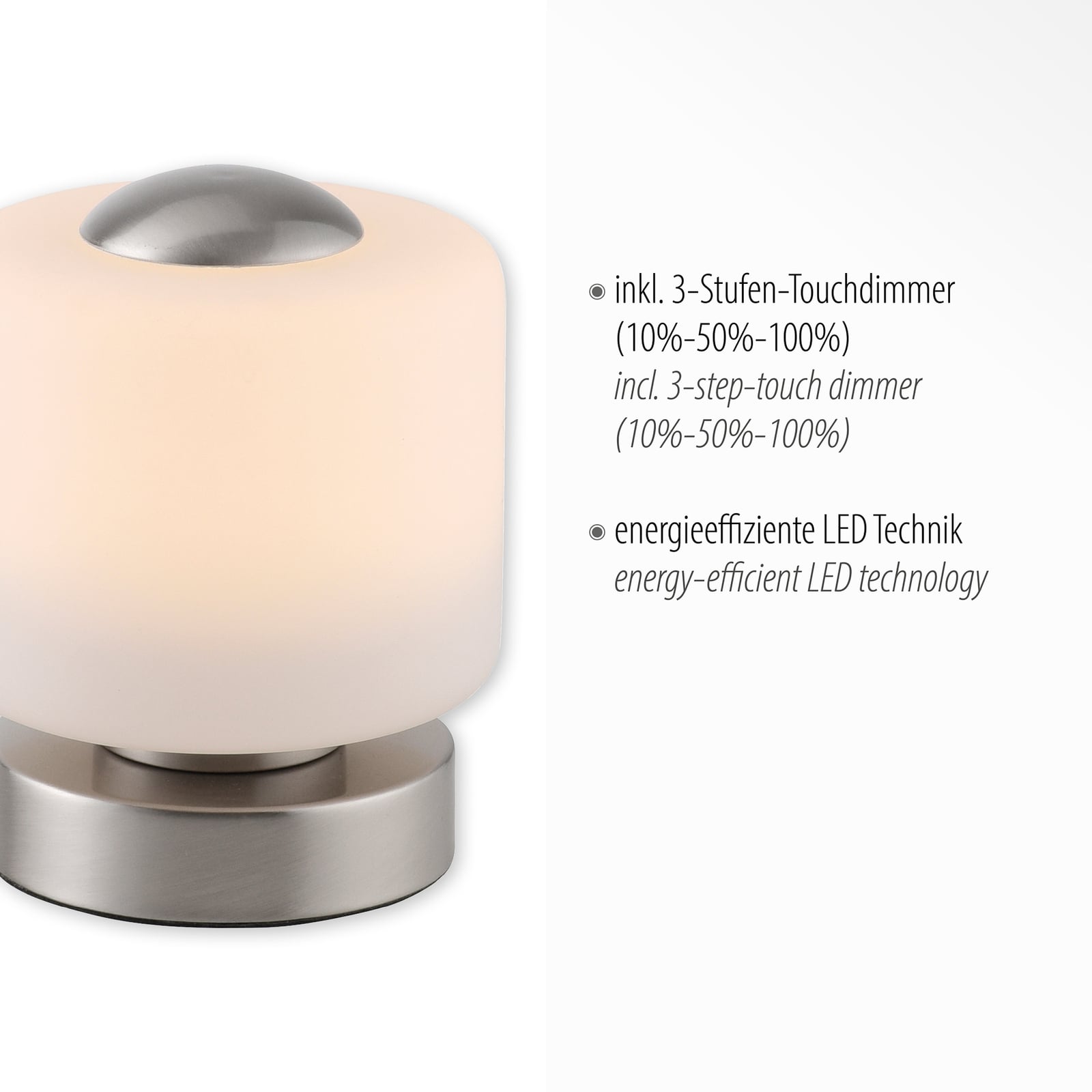 LED bordlampe Bota glass dimbar stålfarget Ø12 cm kabel og støpsel