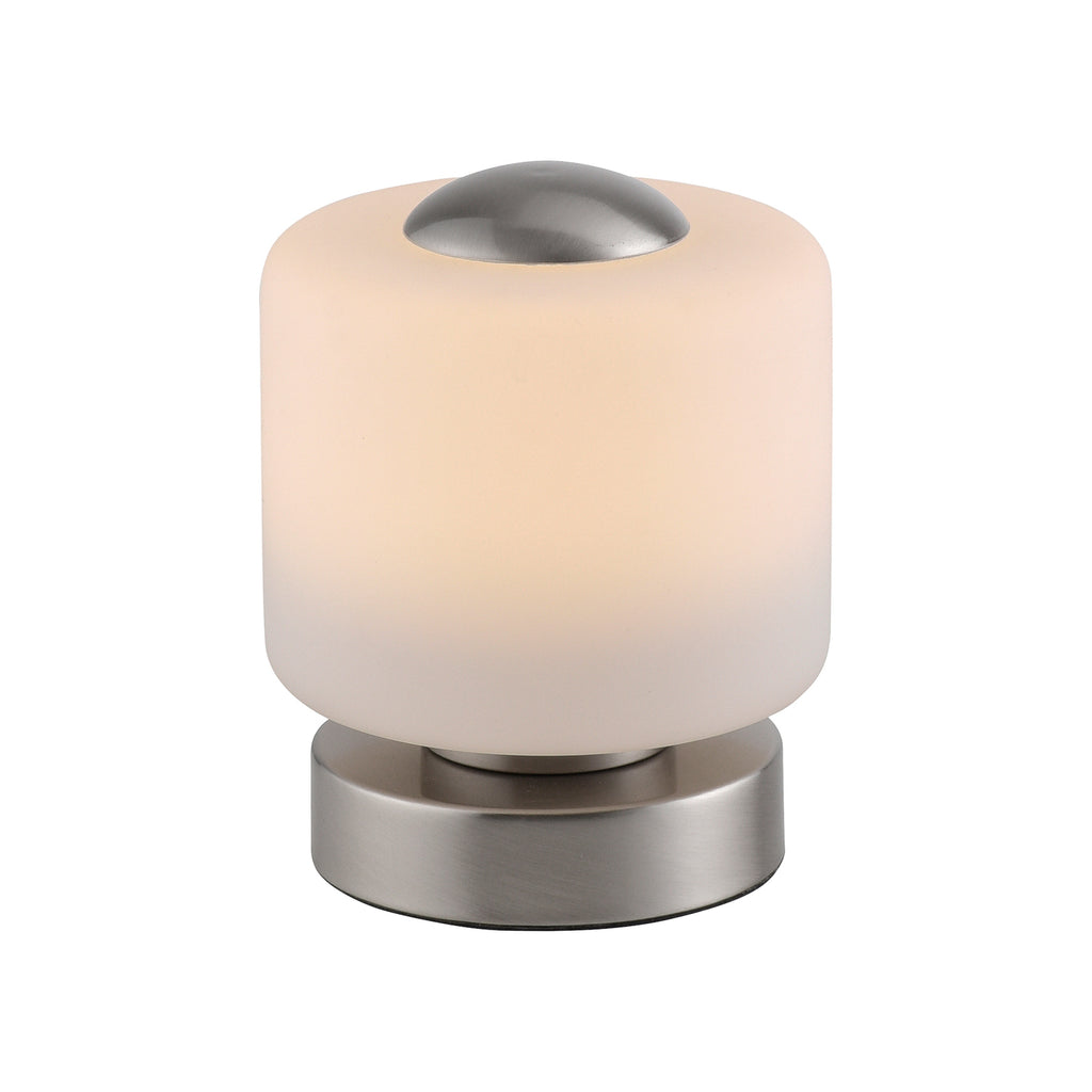 LED bordlampe Bota glass dimbar stålfarget Ø12 cm montert på nattbord