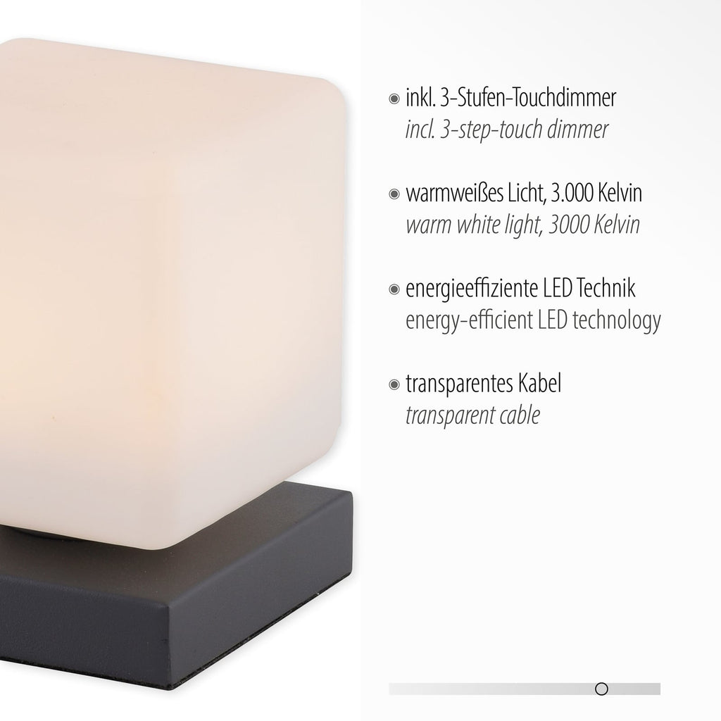 LED bordlampe Dadoa glass antrasitt dimbar 7W varmhvit sett fra siden