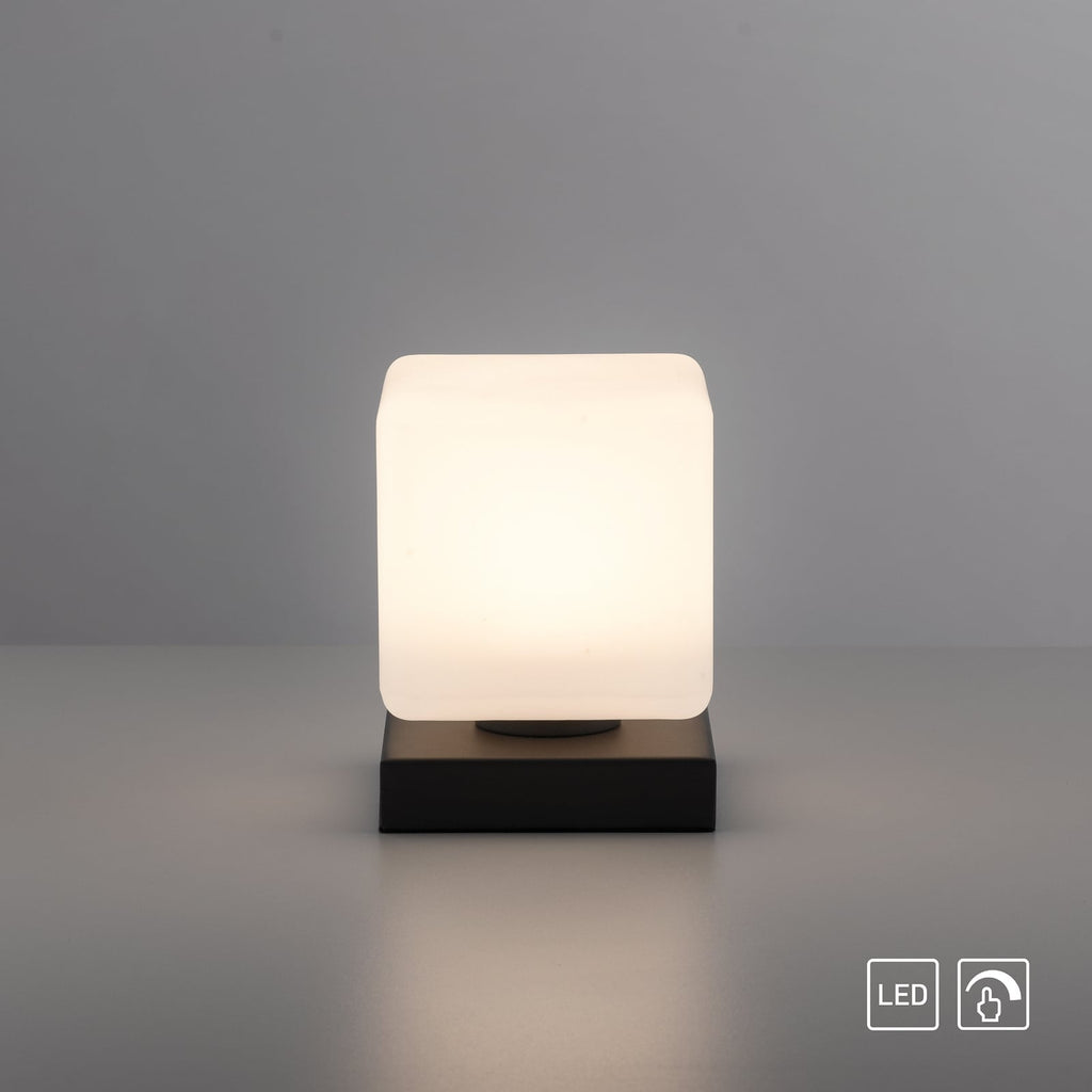 LED bordlampe Dadoa glass antrasitt dimbar 7W varmhvit med lys på