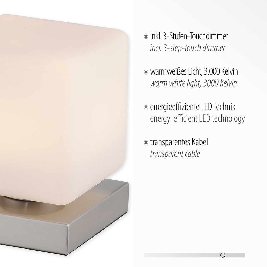 LED bordlampe Dadoa glass dimbar 12x12 cm 7W strømbryter