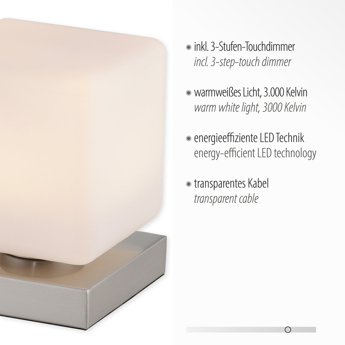 LED bordlampe Dadoa glass dimbar 12x12 cm 7W strømbryter