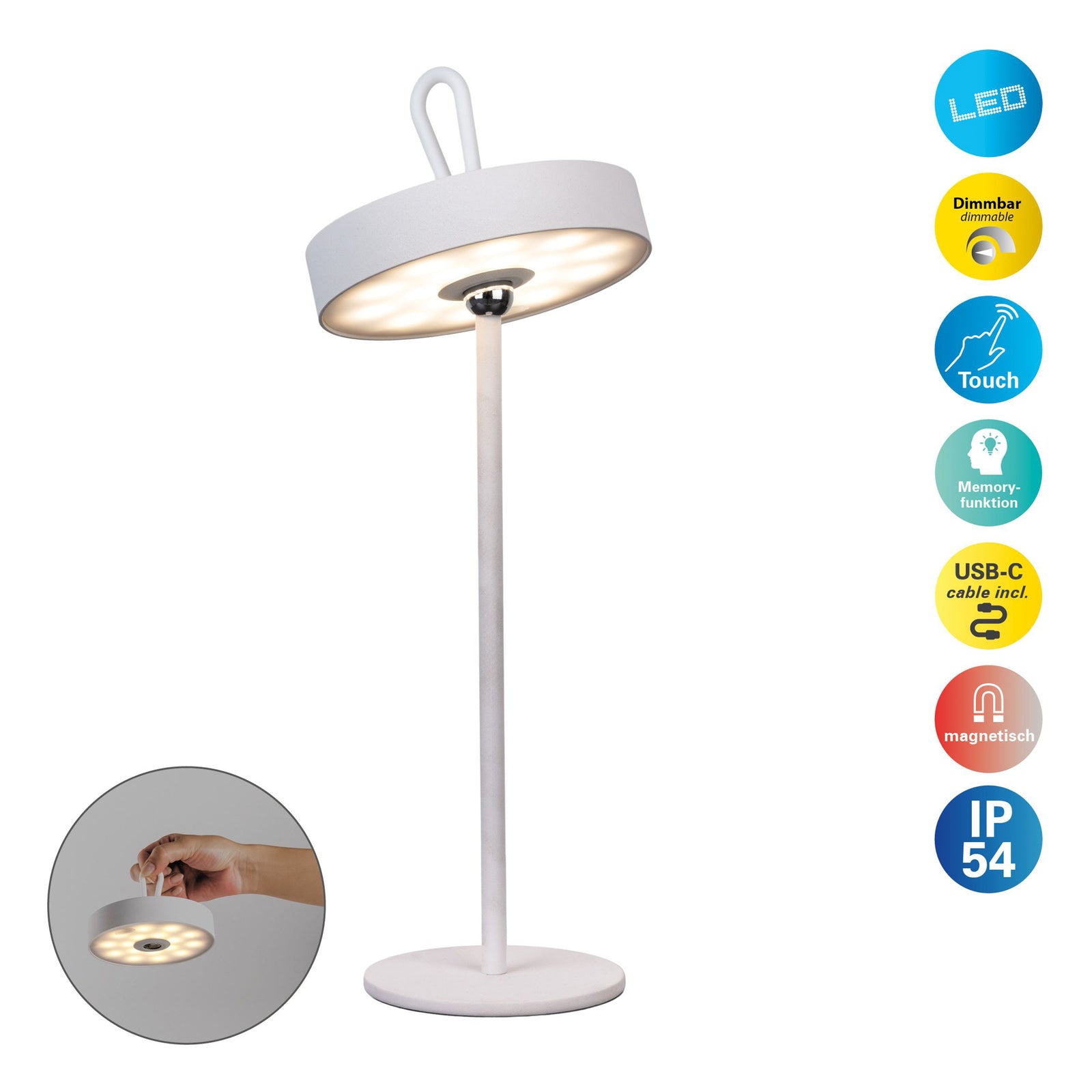 LED bordlampe Ella oppladbar magnetisk hvit IP54 sett med avtakbart hode