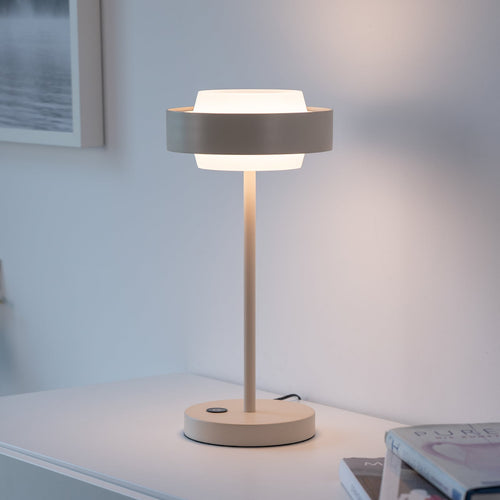 LED bordlampe Elmo dimbar metall og glass beige forfra