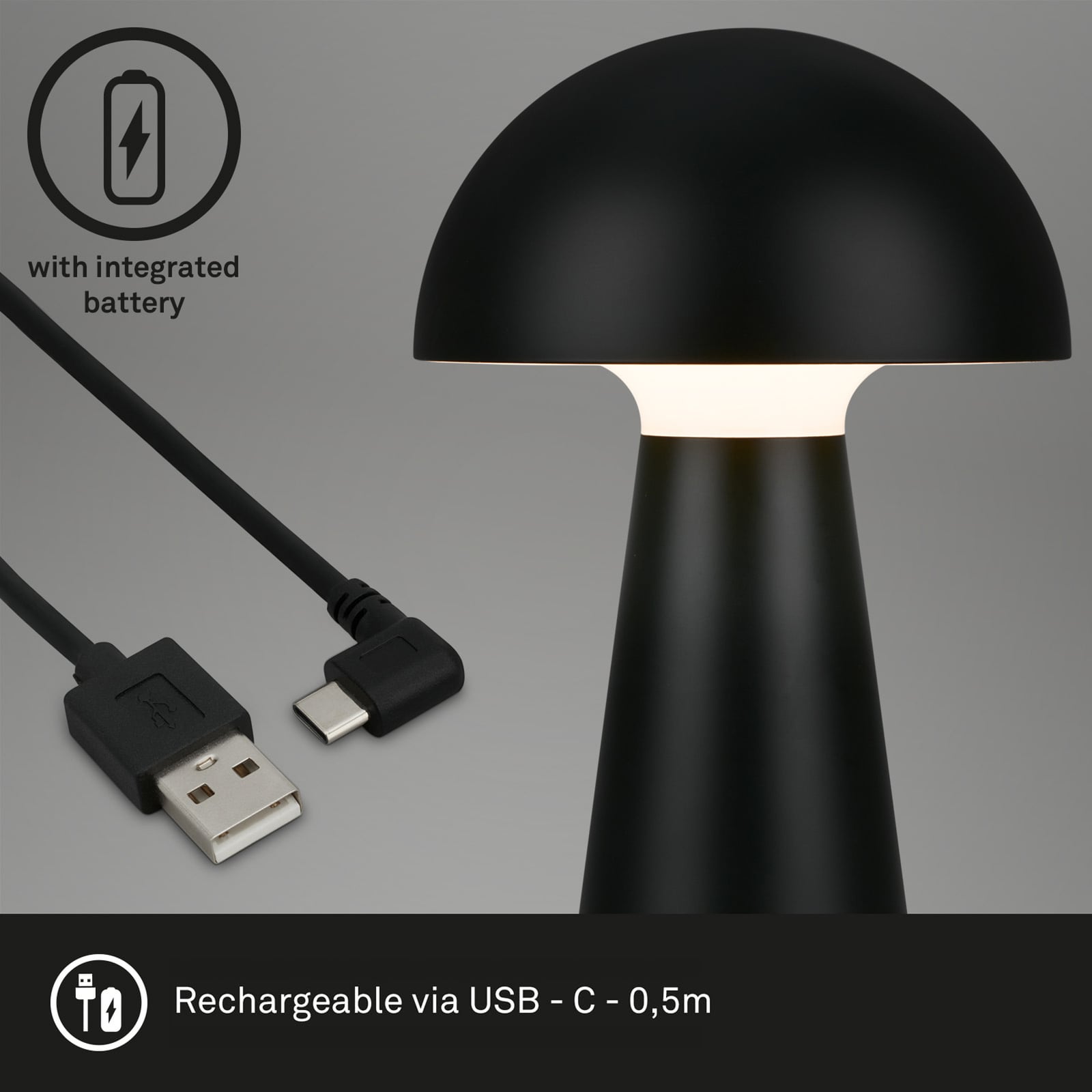 LED bordlampe Fungo oppladbar med USB-C ladekabel