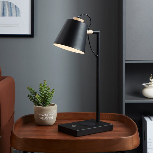 LED bordlampe Lacey-QI berøringsdimmer stål/tre 50 cm forfra