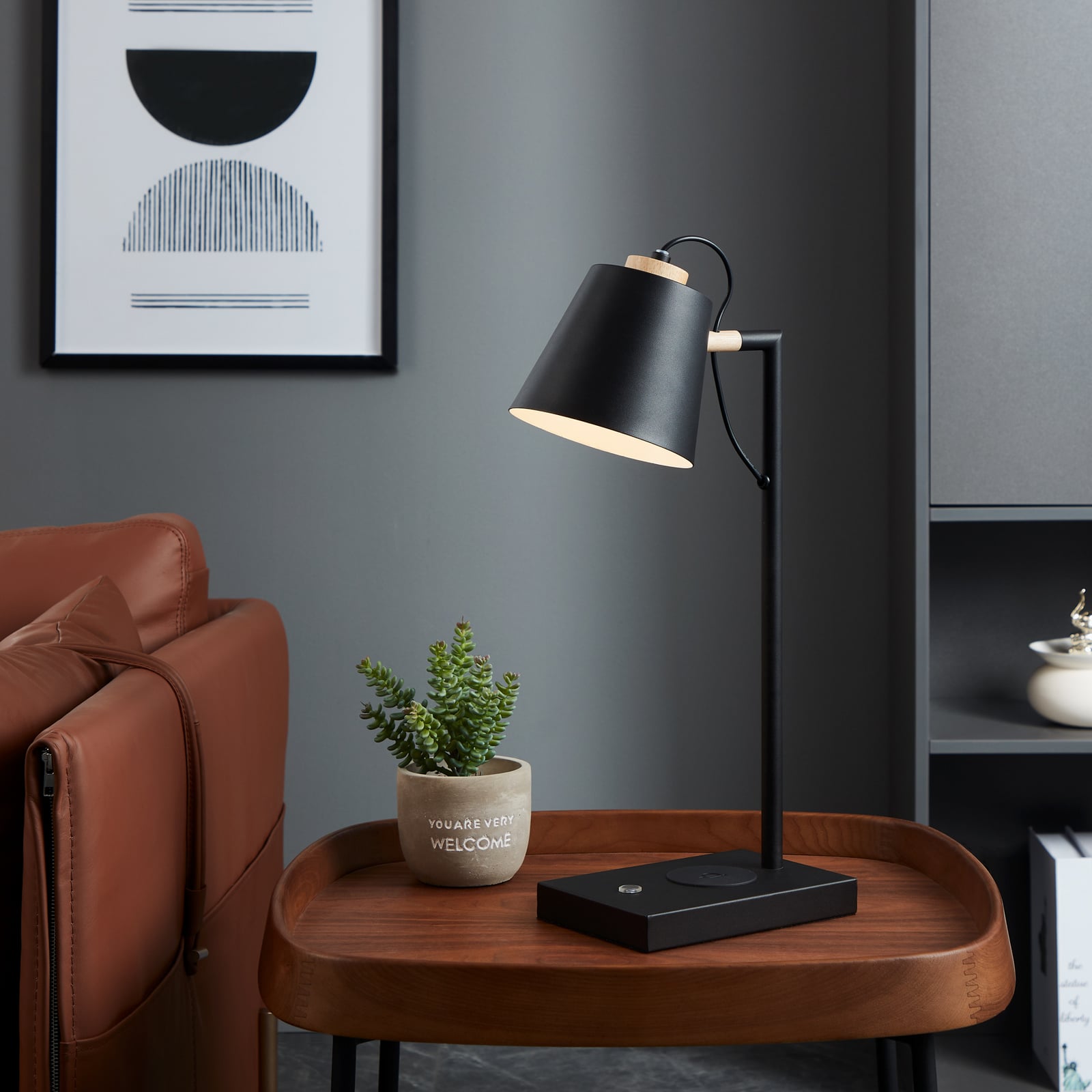 LED bordlampe Lacey-QI berøringsdimmer stål/tre 50 cm bakside
