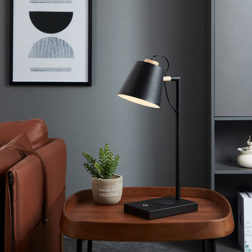 LED bordlampe Lacey-QI berøringsdimmer stål/tre 50 cm bakside