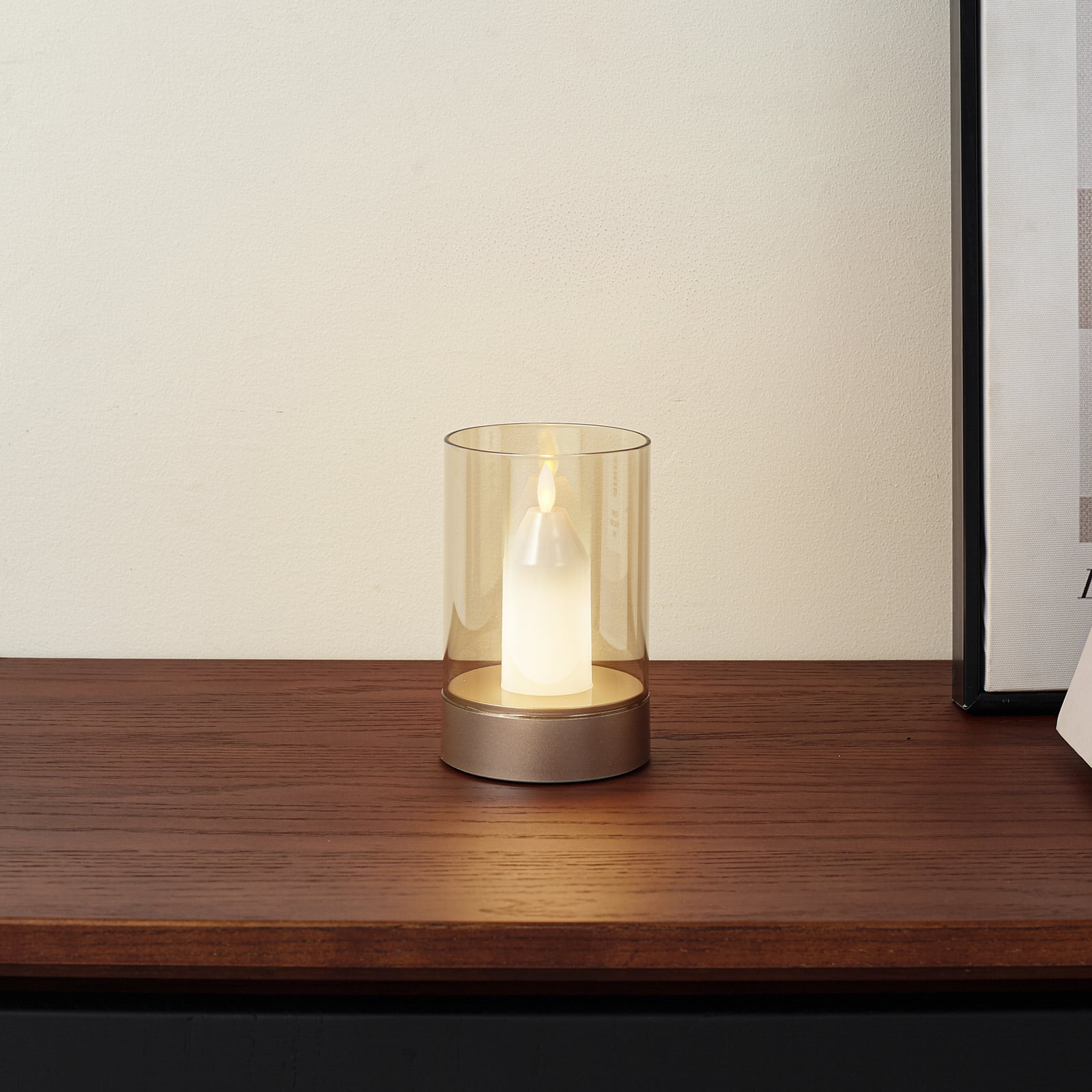 LED-bordlampe Lumana oppladbar dimbar amber glass Ø8,5 cm bakside