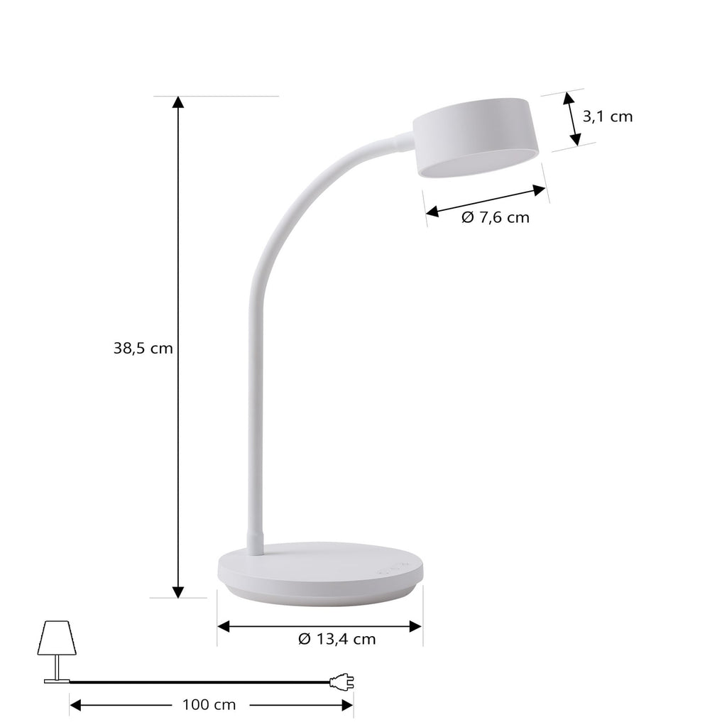 LED bordlampe Maori hvit metall CCT dimbar USB nærbilde av touch knapp
