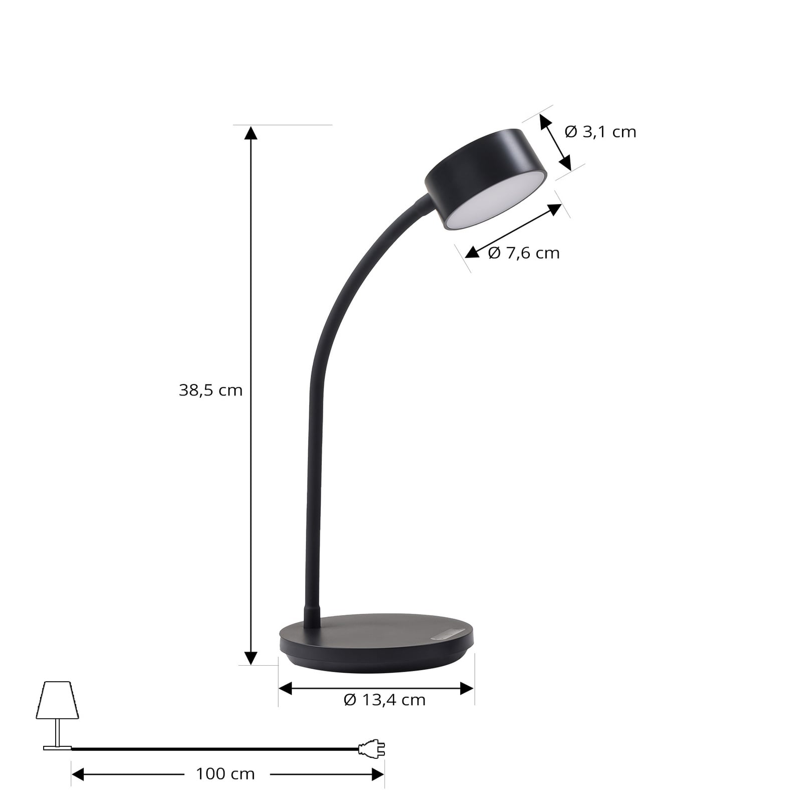 LED bordlampe Maori svart metall CCT dimbar USB nærbilde av arm