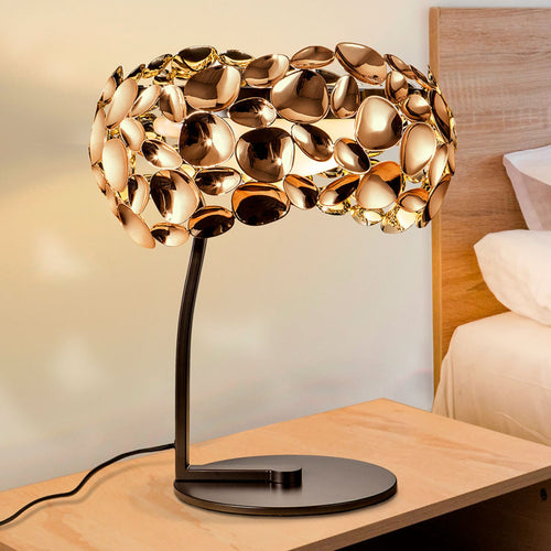 LED bordlampe Narisa rosegull mørkebrun Ø32 cm G9 forfra