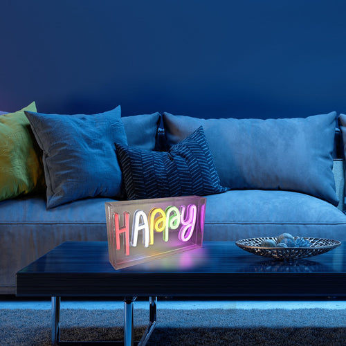 LED bordlampe Neon Happy USB flerfarget 23 cm bakside
