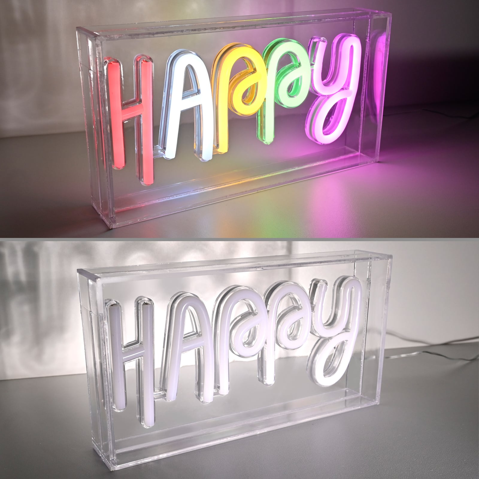 LED bordlampe Neon Happy USB flerfarget 23 cm nærbilde av bryter