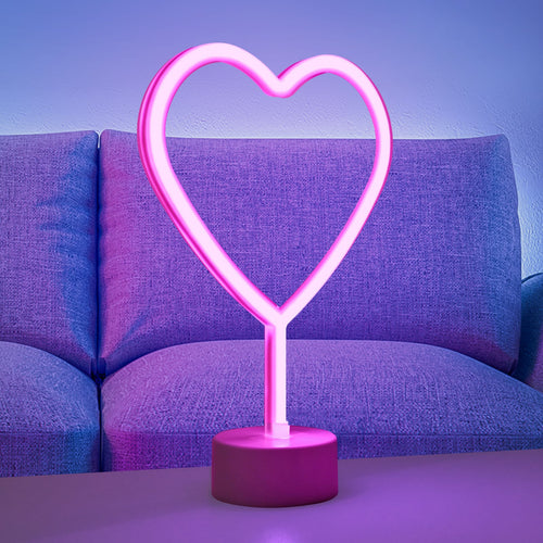 LED bordlampe Neon hjerte batteridrevet pink 30 cm forfra