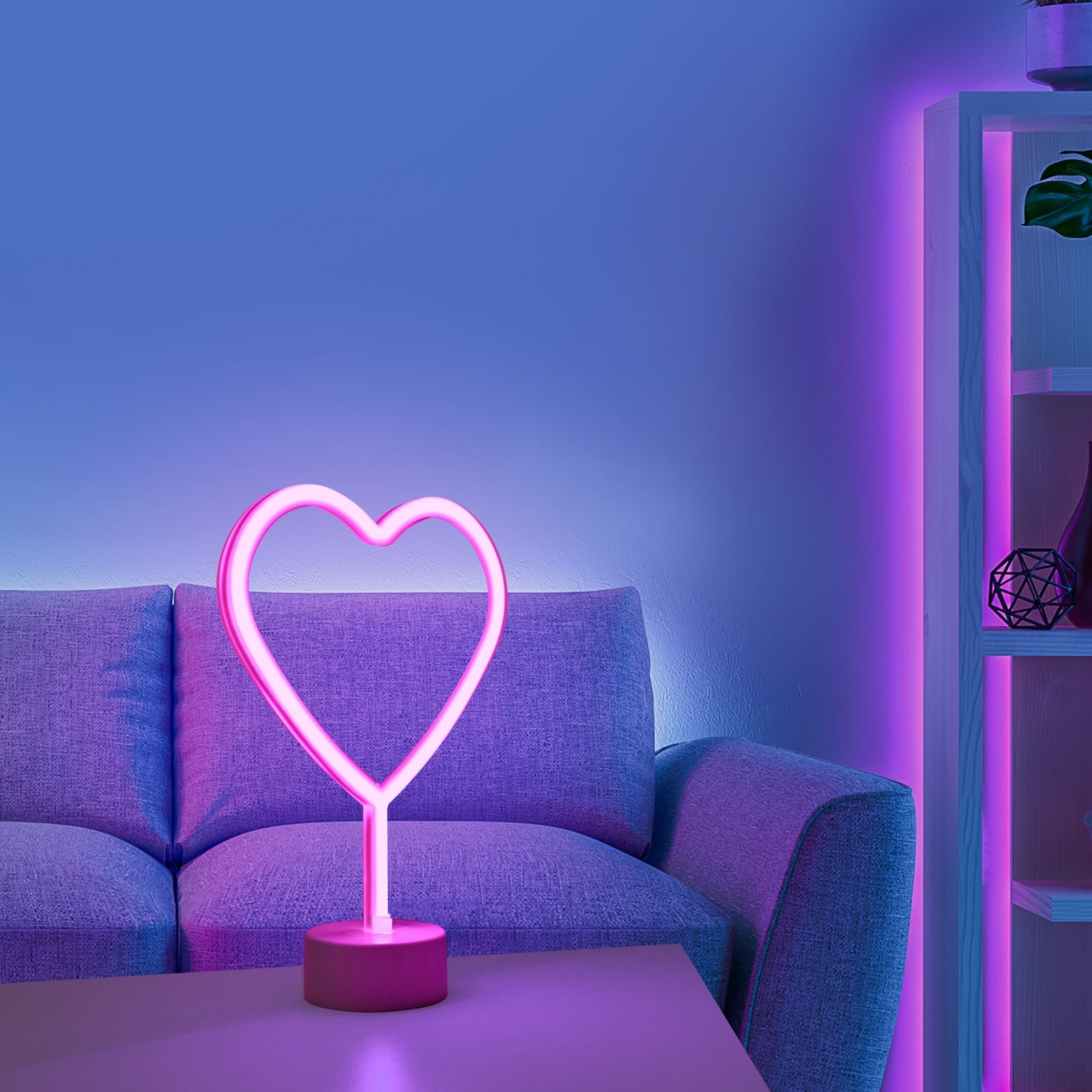 LED bordlampe Neon hjerte batteridrevet pink 30 cm bakside