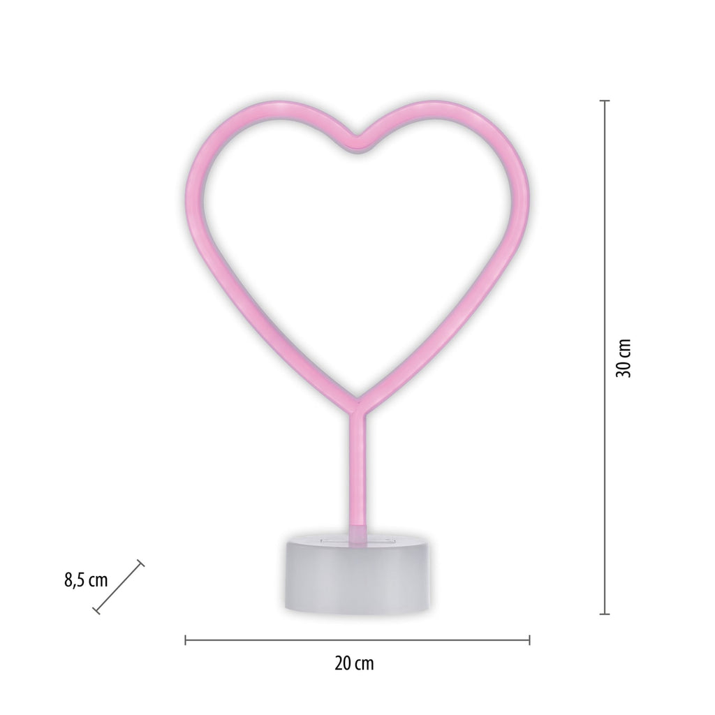 LED bordlampe Neon hjerte batteridrevet pink 30 cm montert