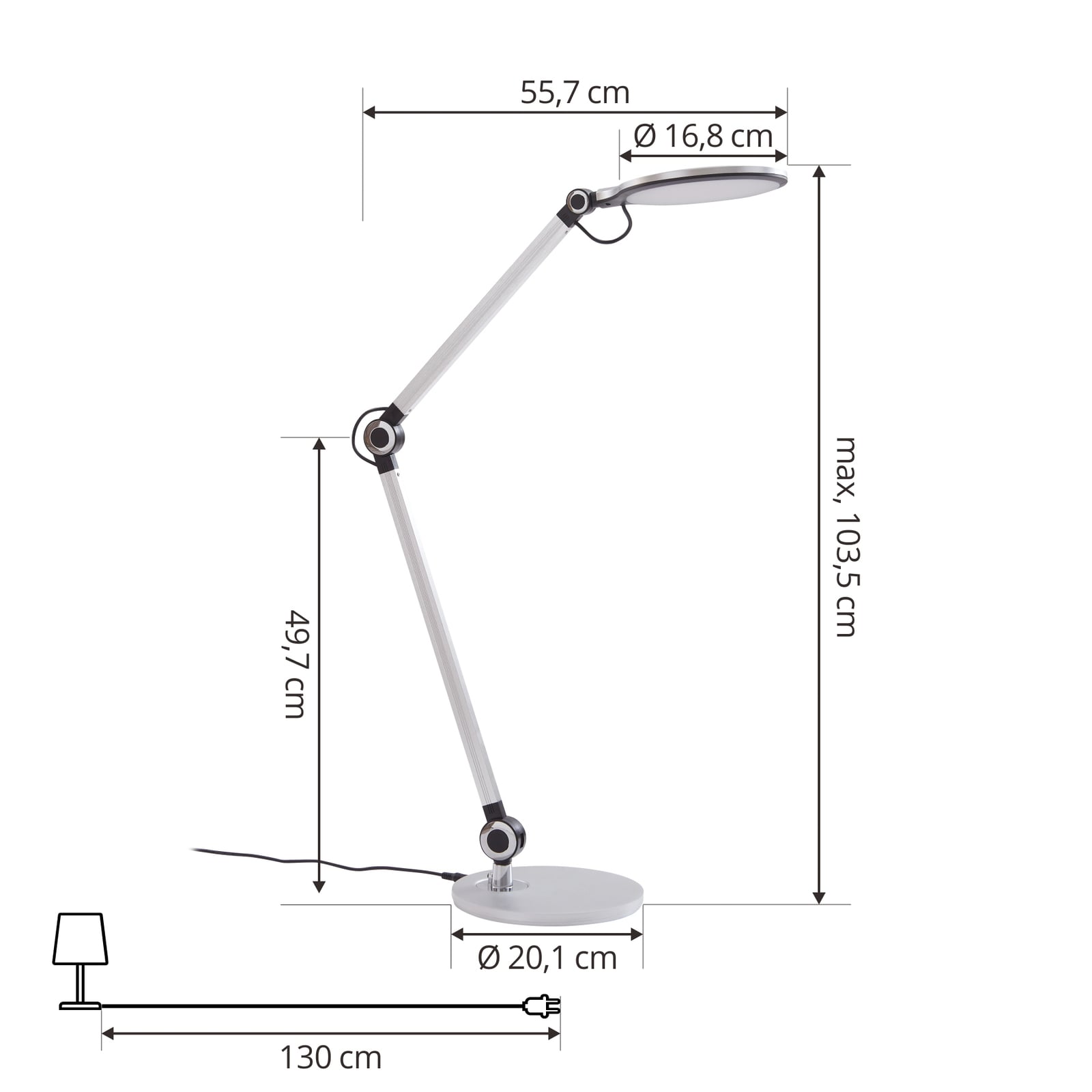 LED bordlampe Nyxaris sølv CCT dimbar 50 cm montert på skrivebord