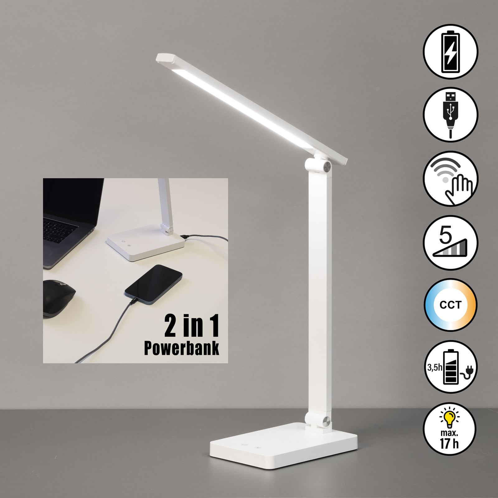 LED bordlampe Ole oppladbar dimbar hvit CCT 2,5W montert på skrivebord
