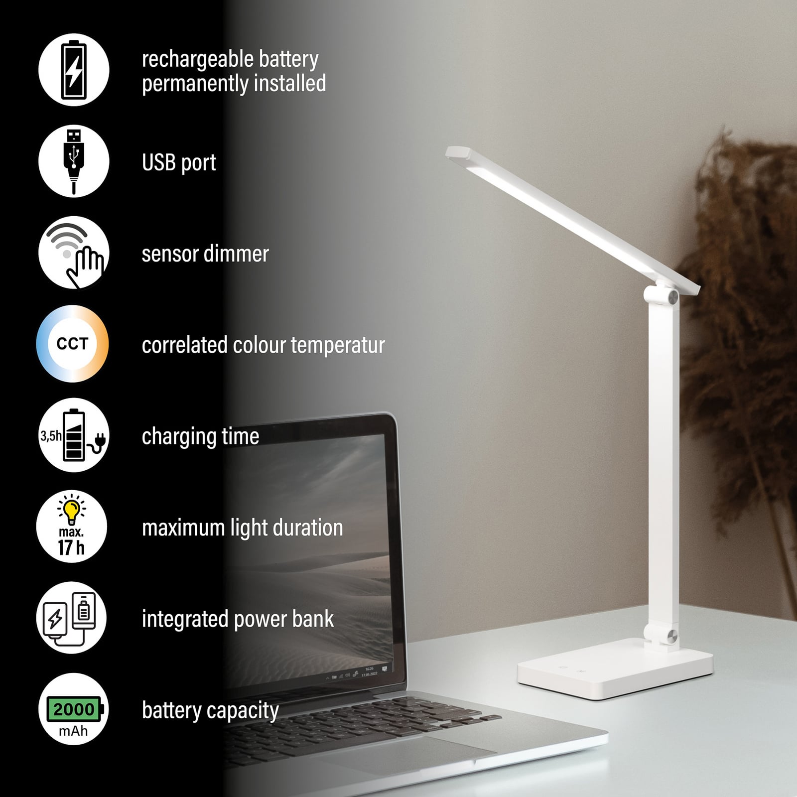 LED bordlampe Ole oppladbar dimbar hvit CCT 2,5W USB-C ladekabel