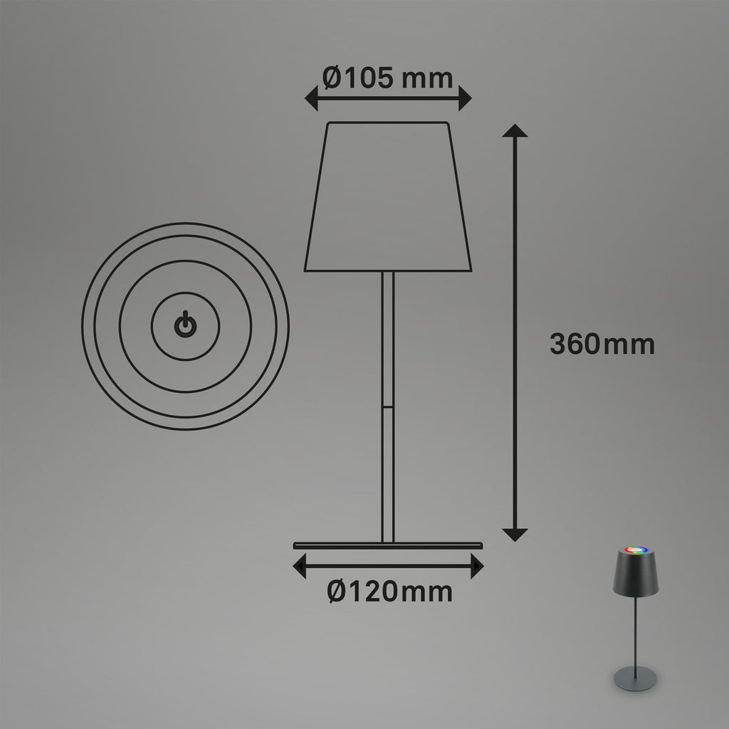 LED bordlampe oppladbar dimbar antrasitt RGBW IP44 - Briloner bakside