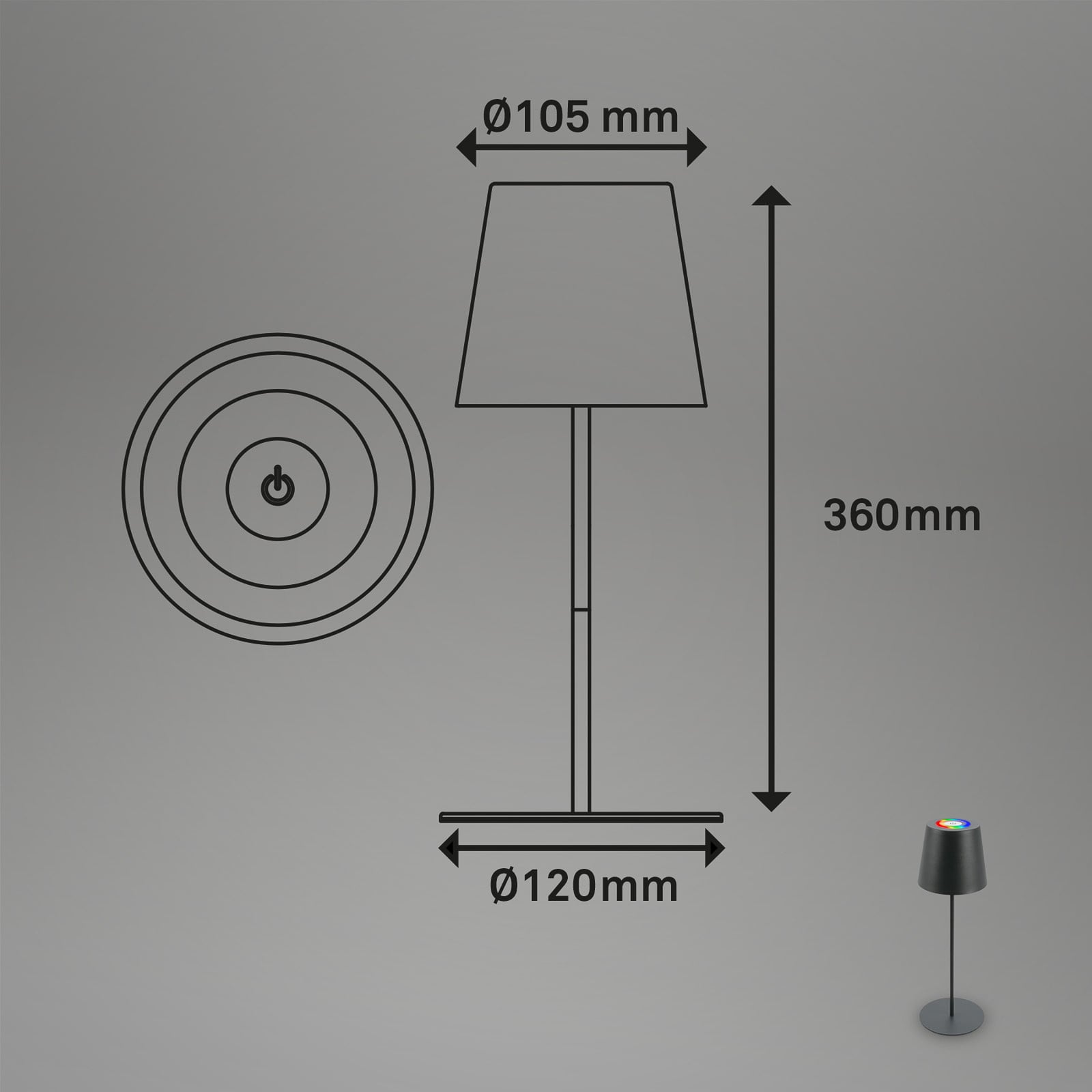 LED bordlampe oppladbar dimbar antrasitt RGBW IP44 - Briloner bakside