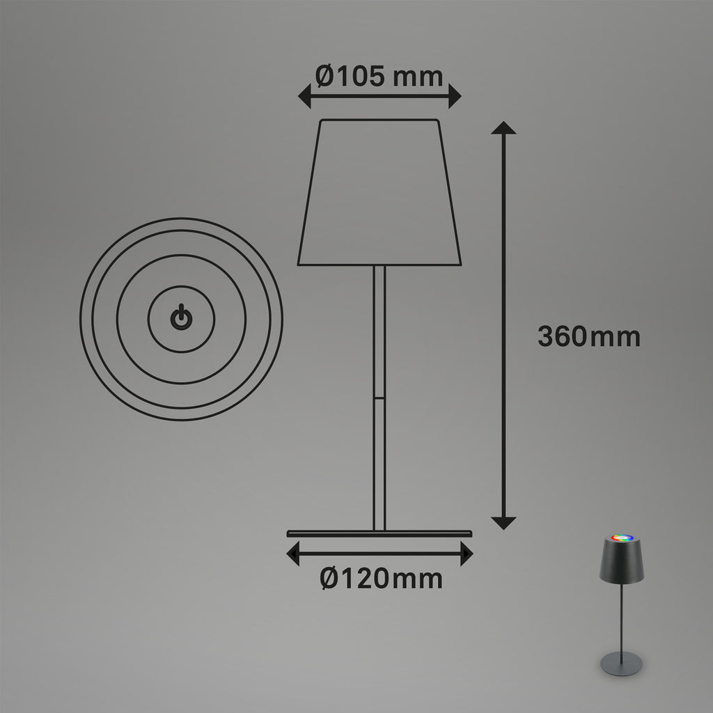 LED bordlampe oppladbar dimbar antrasitt RGBW IP44 - Briloner bakside