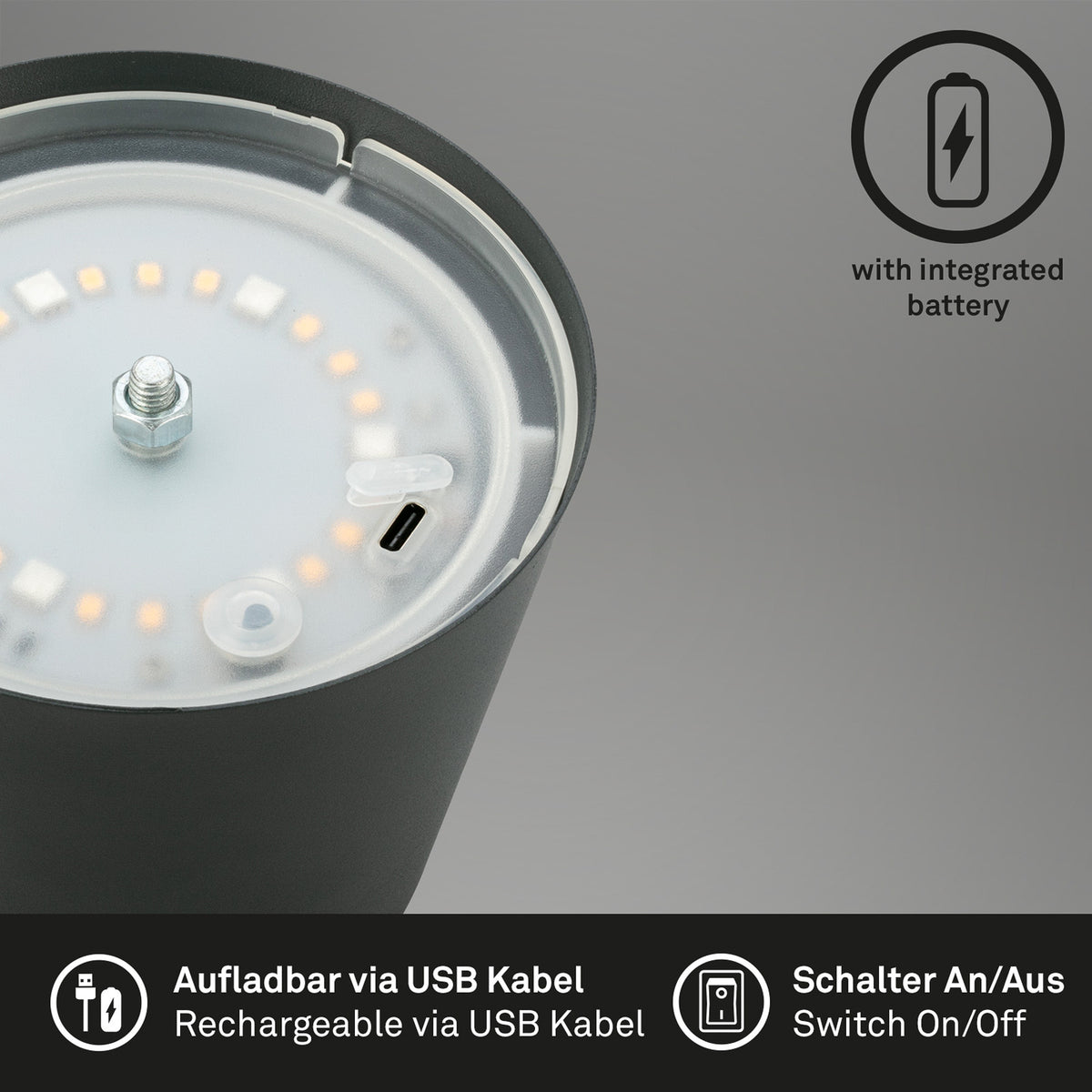 LED bordlampe oppladbar dimbar antrasitt RGBW IP44 - Briloner touchdimmer